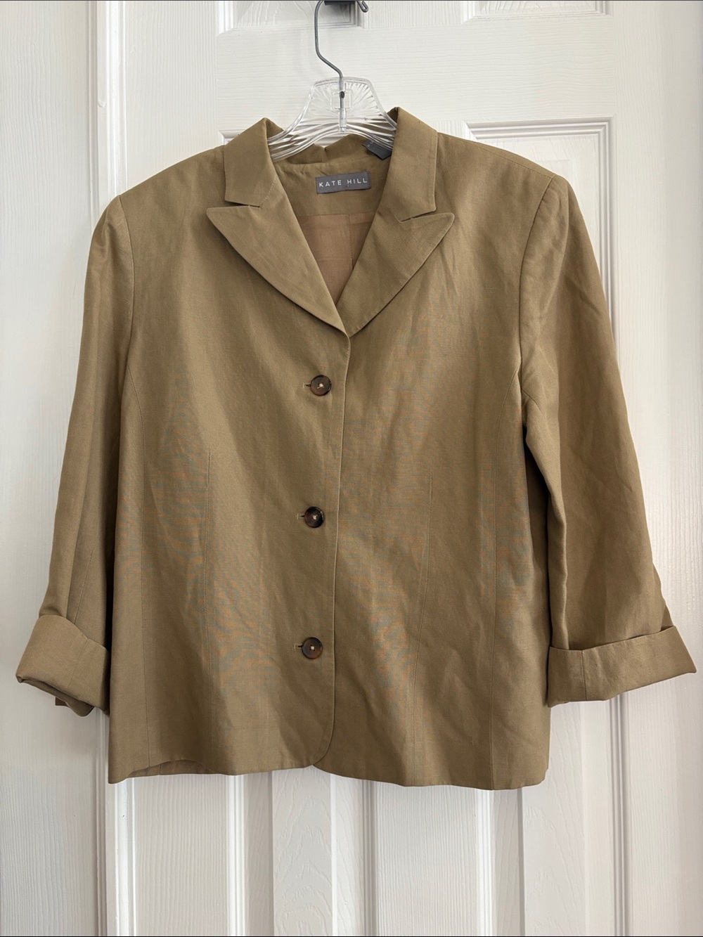 Kate Hill Classic Taupe Three-Button lined Blazer Linen Viscose Women’s size 12